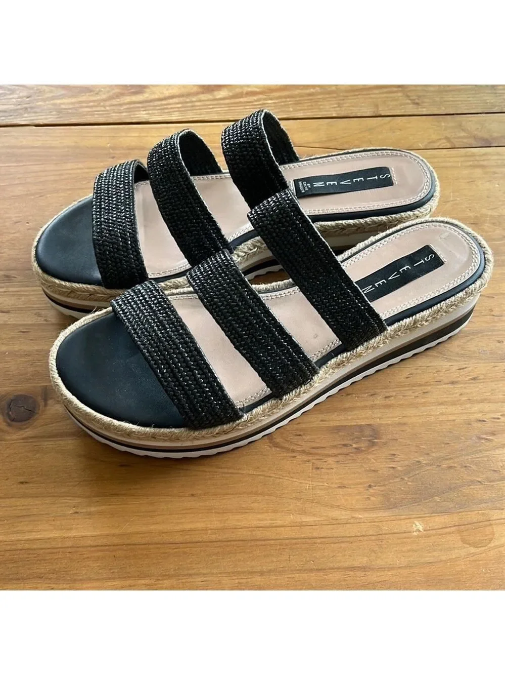 STEVEN Steve Madden Black Linz Women’s Platform Textile 3 Strap Wedge Sandals 9